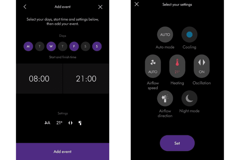 The programme with weekday, time and function in the Dyson Link app, and the simple timer function.